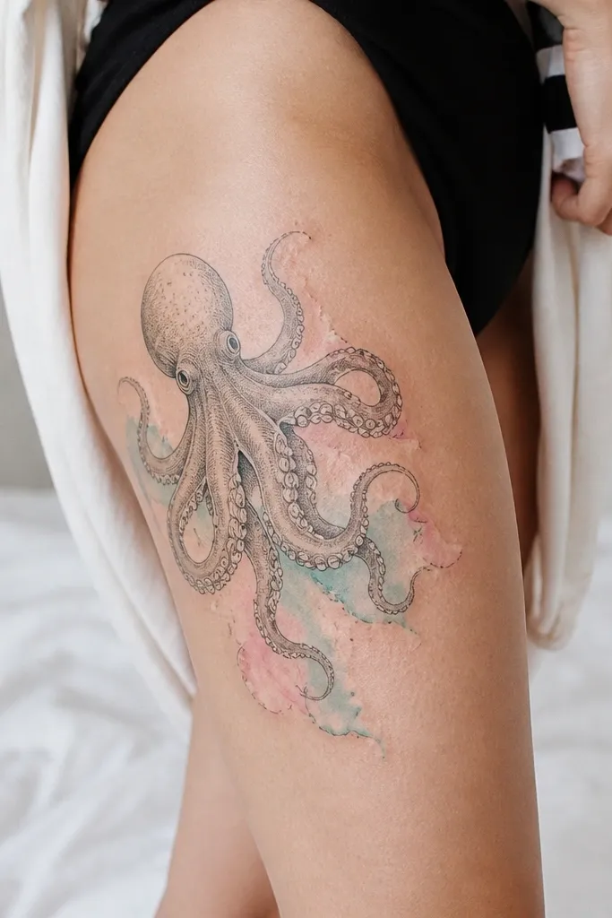 An octopus on the outer side thigh with black linework and tiny suckers, plus pale watercolor-like washes at the tentacle edges in light teal and soft pink, fading outward.