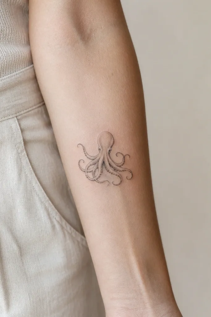 A small octopus on the inner forearm with minimal linework, single-line sucker marks, and sparse light gray shading that sits just under the body.