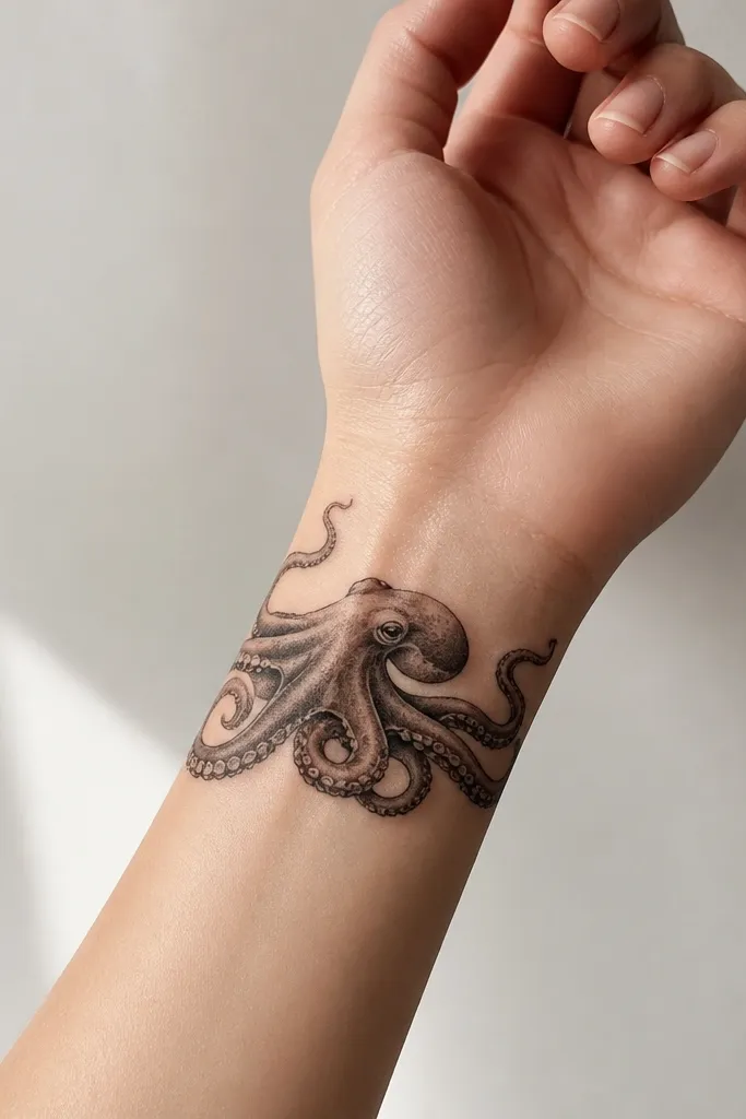A wrist tattoo of an octopus with tentacles curling around the wrist bone, fine sucker dots, and a soft gray shadow under the body; the rest is mostly clean negative space.