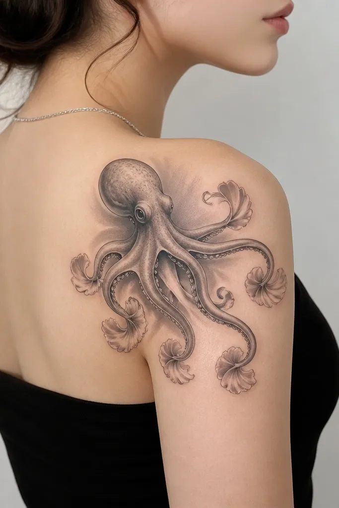 An octopus on the upper shoulder with tentacles that end in soft, petal-like curls; light gray shading forms a gentle halo around the body.