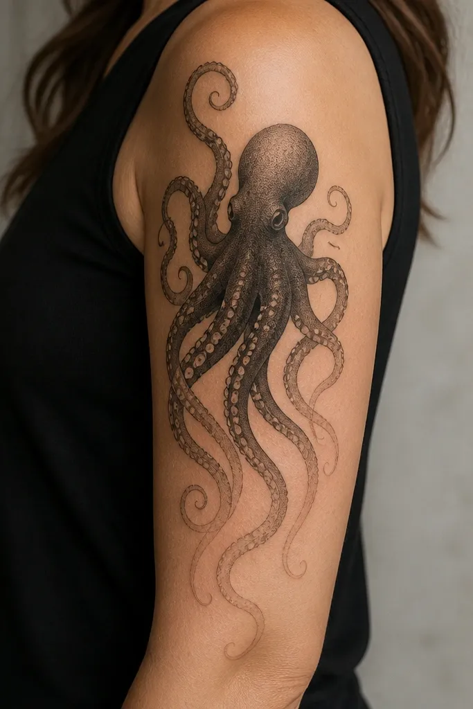 A vertical panel on the upper arm with an octopus in the center, tentacles shaded with an ombre gradient from dark near the body to very light at the tips; suckers are fine dots.