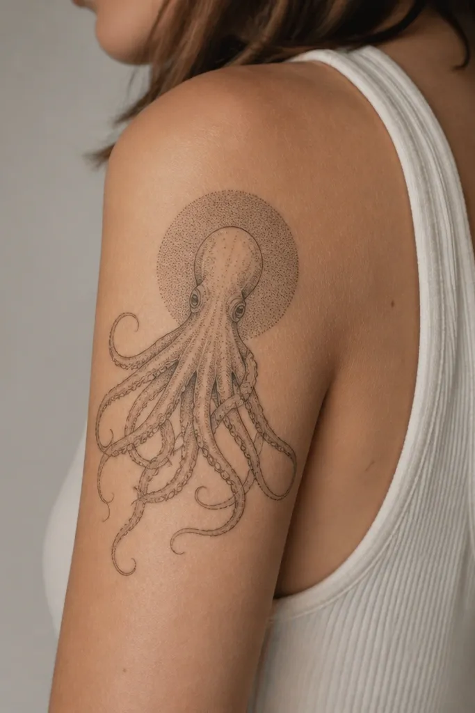 An octopus on the back upper arm with fine dotwork forming a halo behind the body, tentacles drawn in thin lines with small sucker dots, and light gray gradients inside the halo.