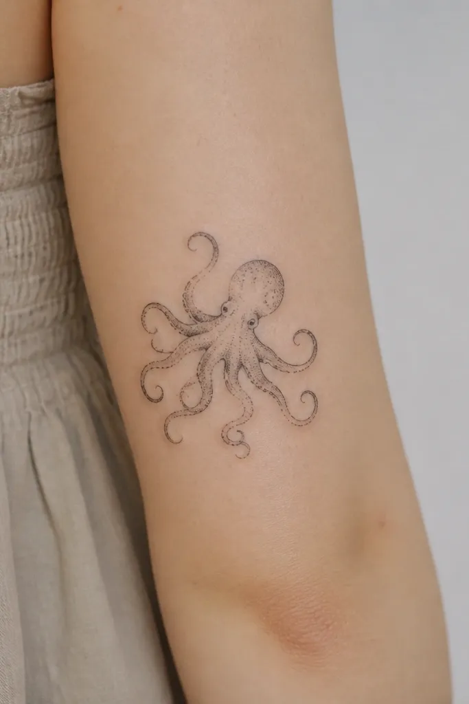 A small octopus with hand-poke dots and light line accents, lots of skin showing through, and minimal gray shading; tentacles are airy and slightly irregular.