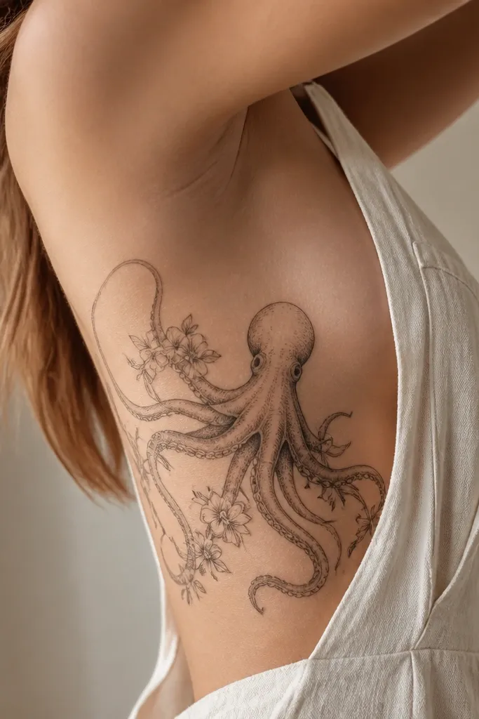 A soft octopus on the side of the chest with thin tentacles and small sucker dots; one tiny flower bud sits between two tentacles, with pale gray shading and lots of skin gap.