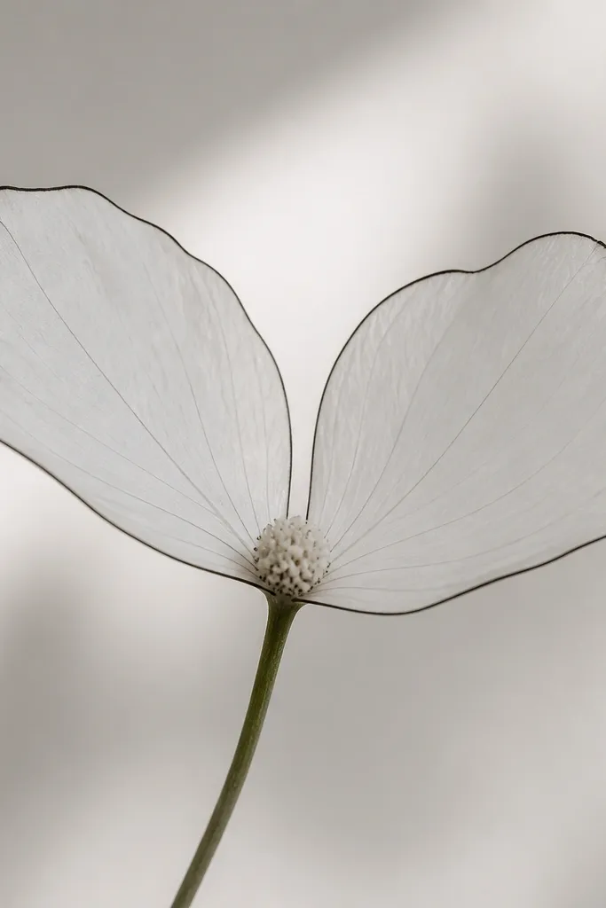 A minimalist flower with two main petals open like a sideways heart. The petals are outlined in thin black lines. The center is a small circular stipple area, lighter than the outlines.