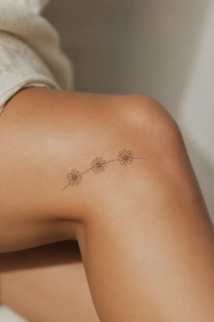 A small chain of three tiny daisies spanning the knee curve. Each daisy has thin oval petals and a small dot center. The stems are hairline and slightly curved along the leg contour.