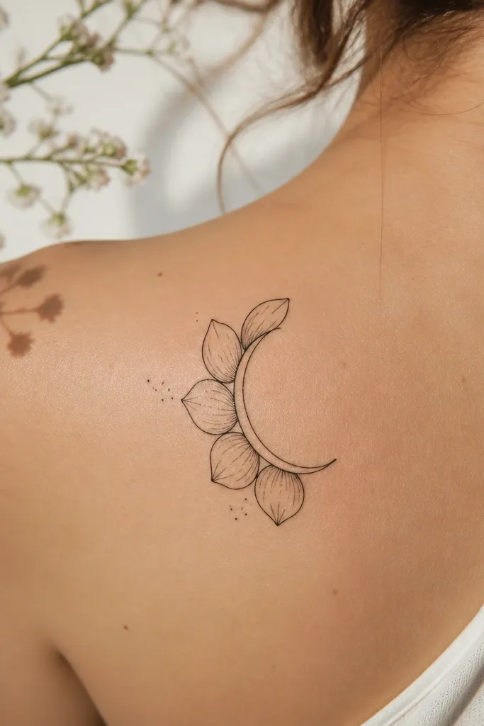 A crescent-shaped flower made of five half-petals wrapping around a curved center. Tiny accent dots sit near the petals like light specks. The outline is black fine line with very light dot clusters.