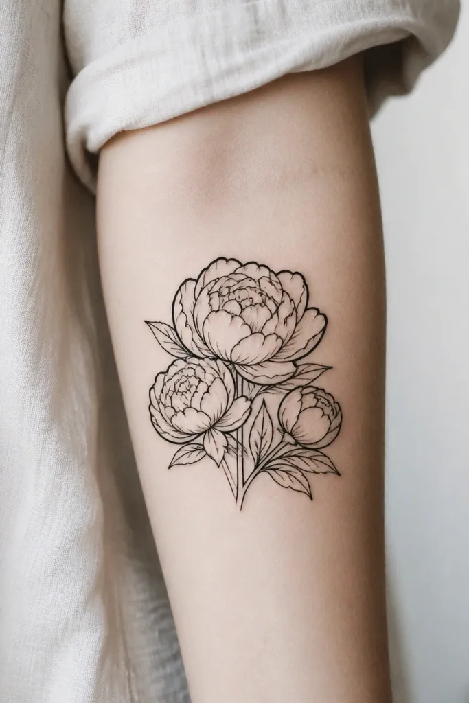 A small peony cluster drawn in blackwork. Petals overlap in layers, but each petal has clear white space between edges. The outer petals are thicker-lined than the inner ones.