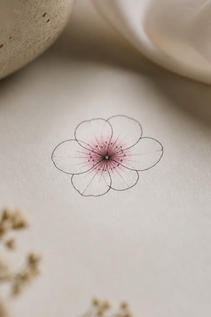 A small flower outlined in fine black lines with soft watercolor blush only in the center. The petals stay white/black with no color wash. The blush looks like a light pink haze.