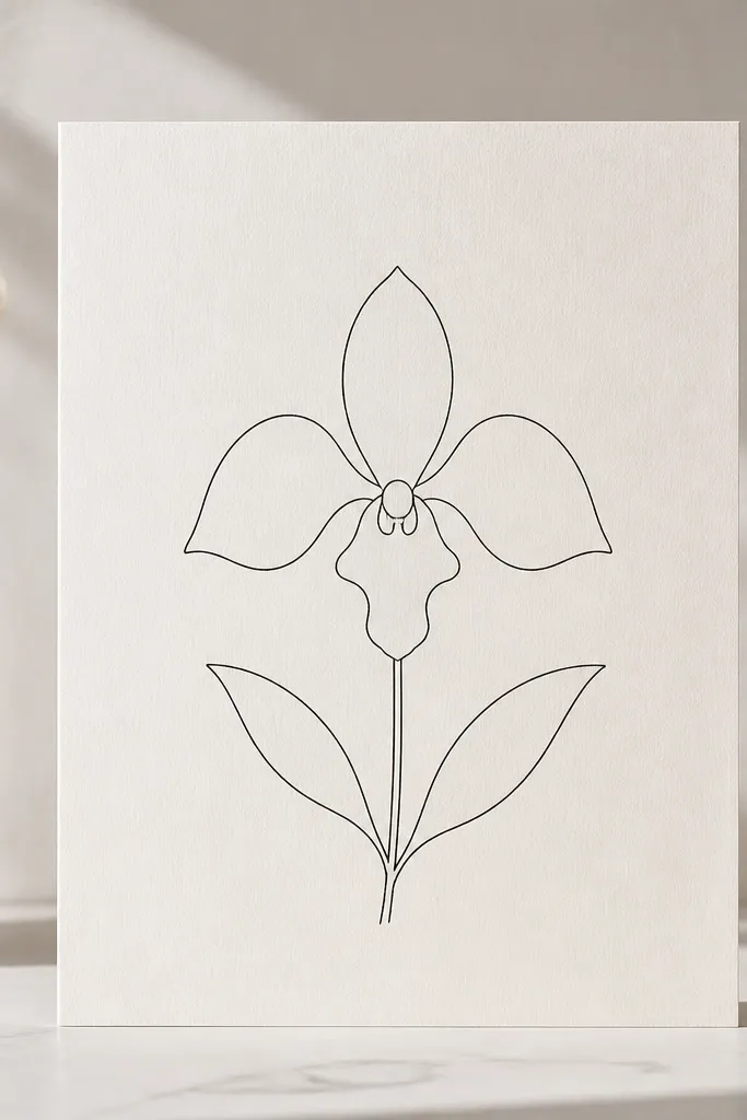 A minimalist orchid drawn in thin black lines. Two small leaves sit on either side of the stem. The orchid has one distinctive central lip shape and two side petals, all spaced with clean gaps.