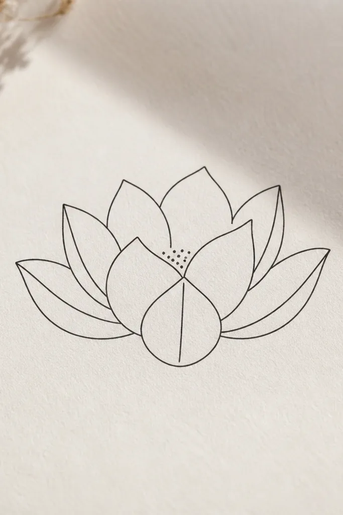 A simple lotus drawn in black fine line. The outer petals are smooth and rounded, and one petal has a split line down the middle. The center is open with a small dot cluster.
