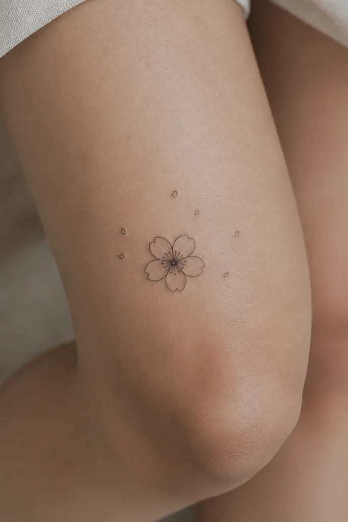 A single cherry blossom flower drawn in fine black lines with five rounded petals. A few tiny specks float around it like fallen petals. The flower sits above the kneecap.