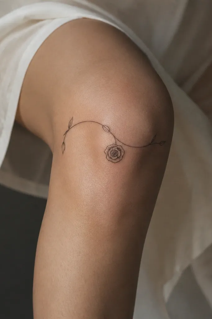A thin vine loop curves around the top of the knee and ends in a mini rose at the center. The vine line is consistent and clean with one tiny bud along the curve.