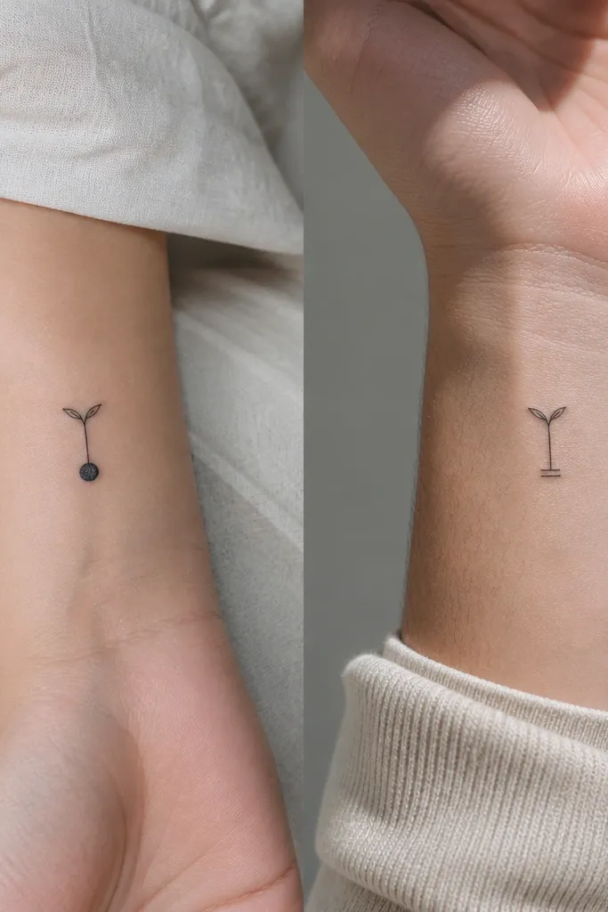Each tattoo shows a tiny sprout coming from a seed. Person A has one small filled circle bead at the base; Person B has two tiny line beads.