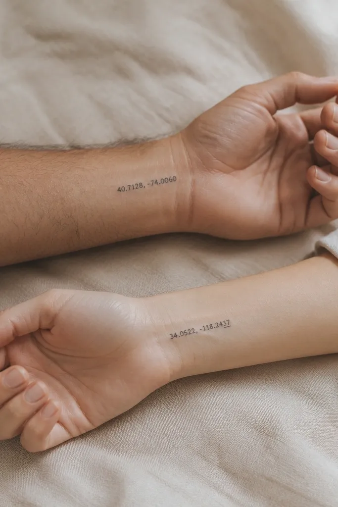A small minimalist line of coordinates in thin black script on each wrist. Person A's numbers are slightly thicker; Person B's script has a tiny underline mark beneath the last digit.