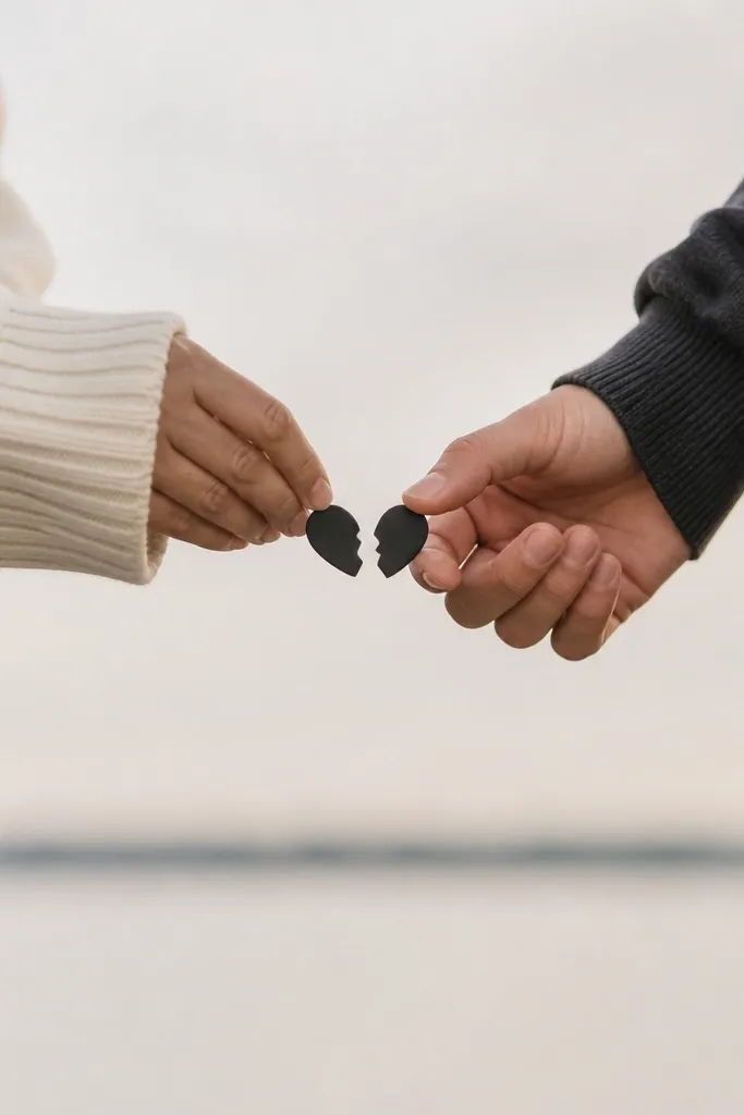 Two small black hearts split vertically. Each person has one half-heart with a clean center line edge, and the halves line up when the hands face each other.
