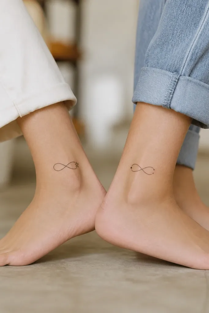 A small black infinity symbol on each ankle, with one end of the infinity turning into a tiny five-point star on Person A and a small dot on Person B.