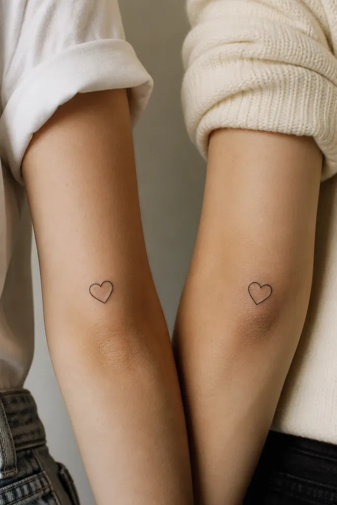 A small black outline heart on one arm with a second heart carved out as negative space inside. The other person has the same outline but the inner negative heart is shifted slightly.