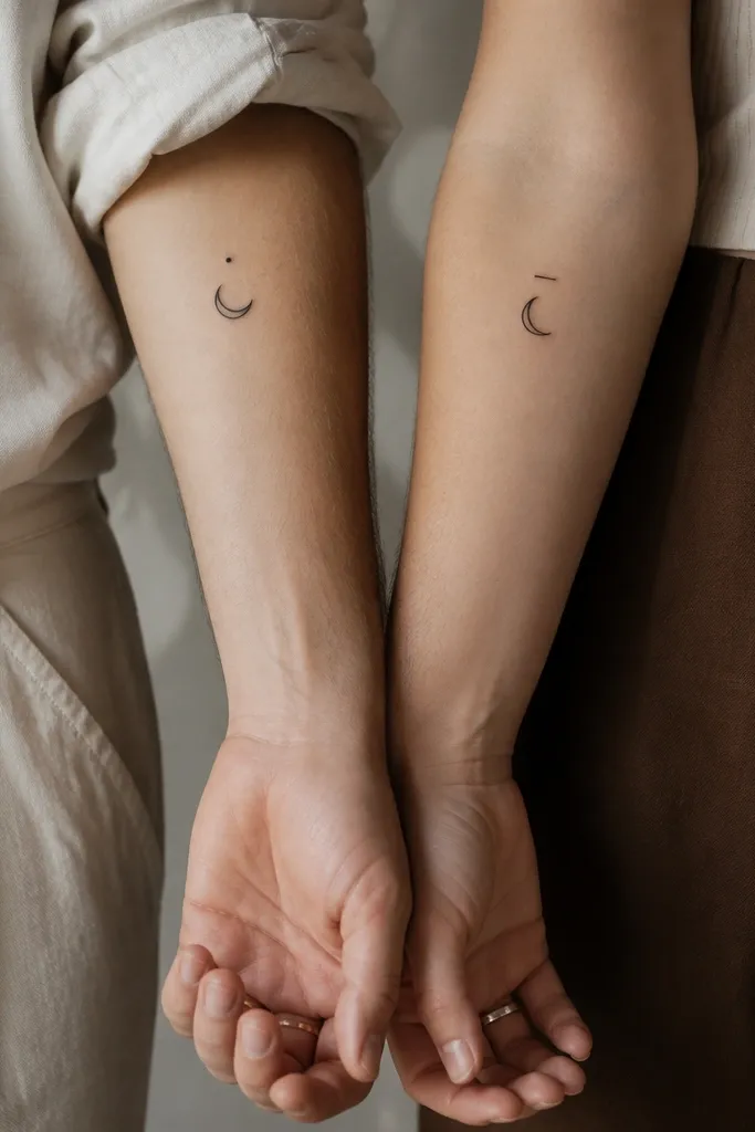 Two small black moon phase tattoos on the forearm: Person A has a crescent moon with a dot above it; Person B has the matching opposite phase with the dot replaced by a tiny dash.