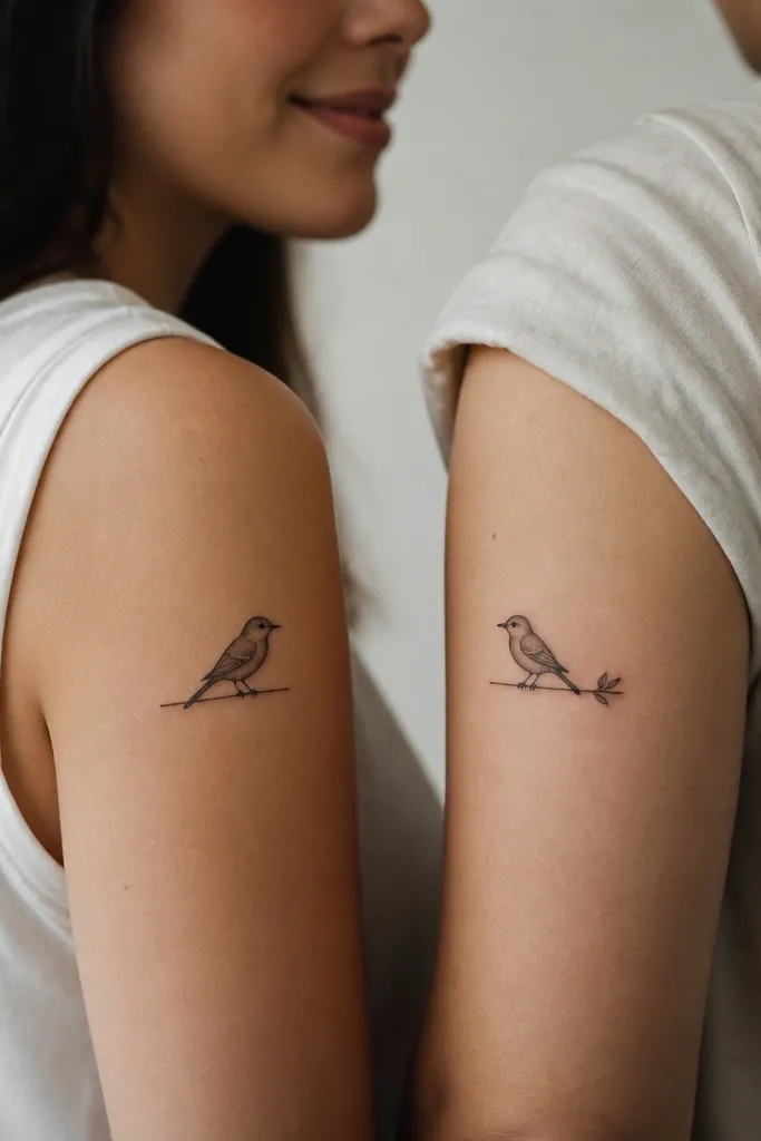 Each tattoo shows one tiny bird perched on a short branch line. Person A's bird faces right; Person B's bird faces left, and the branch line has a small leaf on one end.