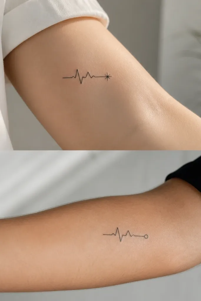 A thin black heartbeat line drawn as a short waveform. Person A's line ends with a tiny star flare; Person B's line ends with a small circle bump.