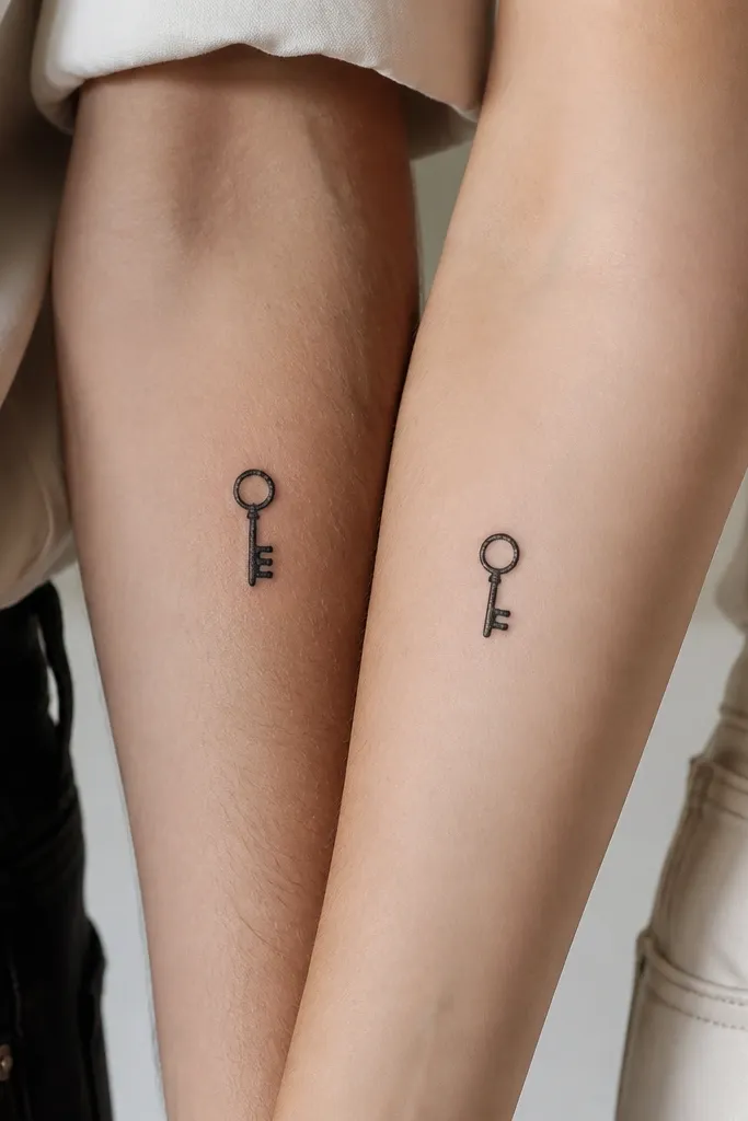 Two small black key tattoos. Person A's key has a three-tooth head; Person B's key has a two-tooth head. Both keys have a simple round ring at the top.