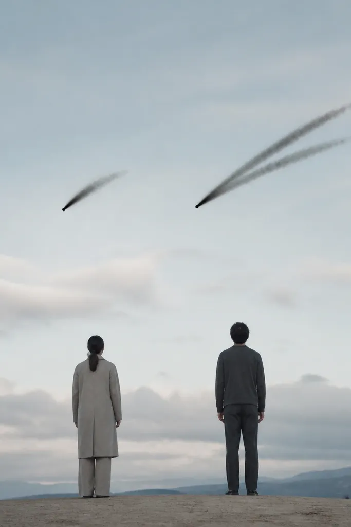 Each person has a small black comet head with a tail split into two parts. Person A has a short tail; Person B has a longer tail with three tiny dots trailing.