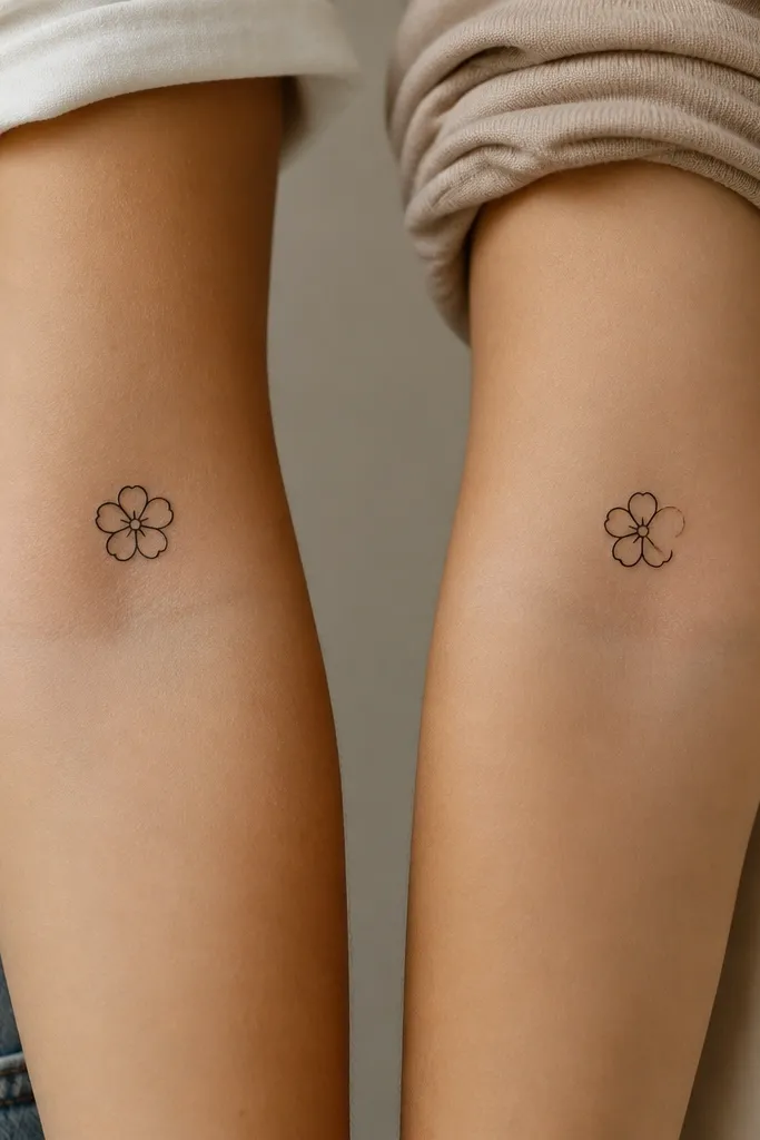 Two small black flower outlines on the forearm. Person A has a five-petal flower; Person B has the same flower but one petal is replaced by a short line gap.