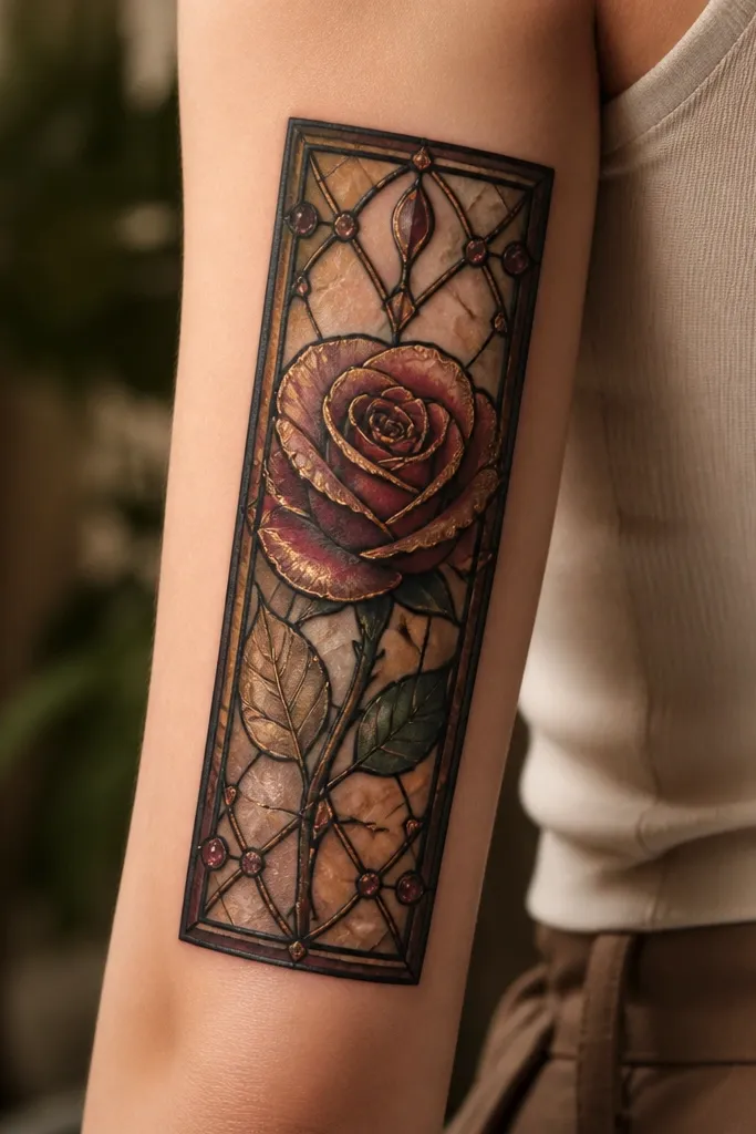 A rectangular vertical panel tattoo with stained-glass framing. Inside the frame is a rose with lead-like outlines, plus small jewel accents in the background. The outer frame is dark and crisp; the rose has gradients of burgundy, rosewood, and soft gold highlights.