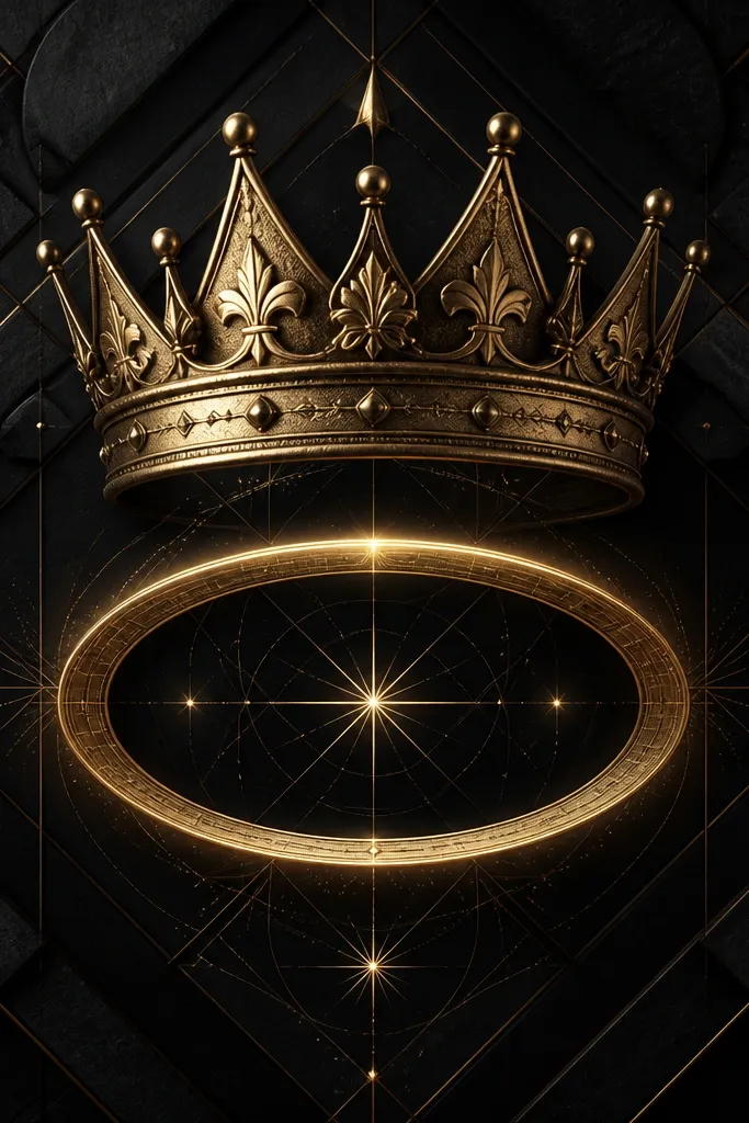 A regal crown sits above a halo ring, layered over a geometric background. The crown is shaded with soft gold-brown gradients and crisp dark outlines. Small starbursts and thin geometric lines sit inside the halo, while the surrounding background is packed with controlled black shading.