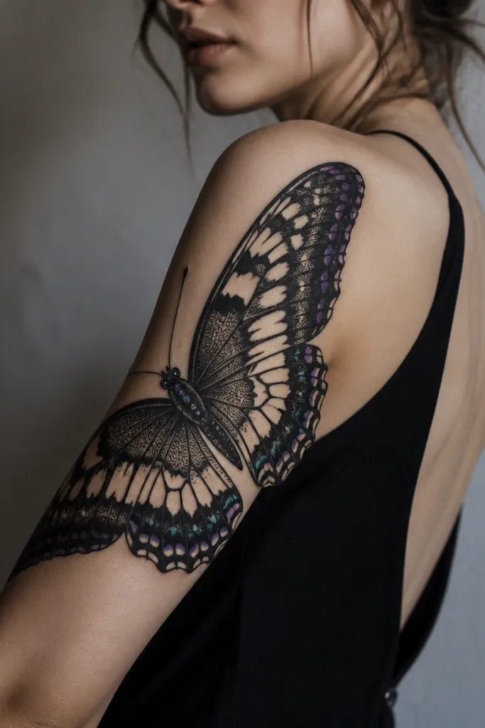 A large blackwork butterfly spanning the outer arm. The wings are filled with dense black textures and negative-space cutouts. Along the wing edges are thin lines of deep teal and violet, with a few tiny colored "jewel" spots near the body.