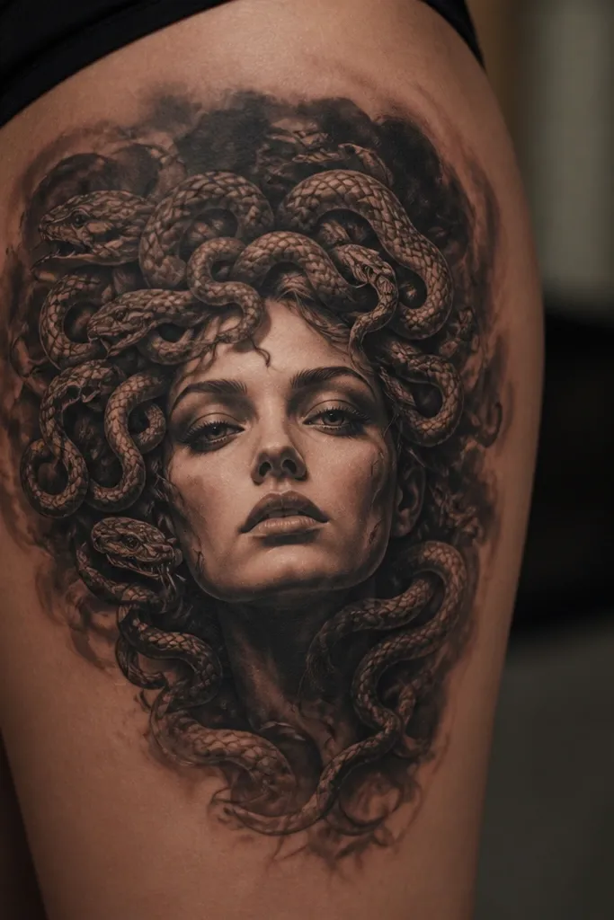 A dramatic medusa head across the upper thigh. The hair is made of tightly curled snakes with thick linework and dark shading. The face is softly shaded with realistic shadows, while the background behind the head is packed with smoky black gradients.