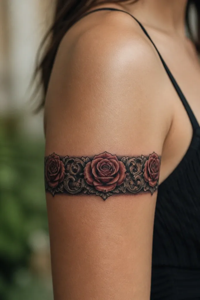 A horizontal band design that wraps the upper arm like jewelry. Roses sit at intervals, connected by dark scrollwork and small ornamental dots. The band background is filled with soft black shading, and the roses have muted reds and warm pink highlights.