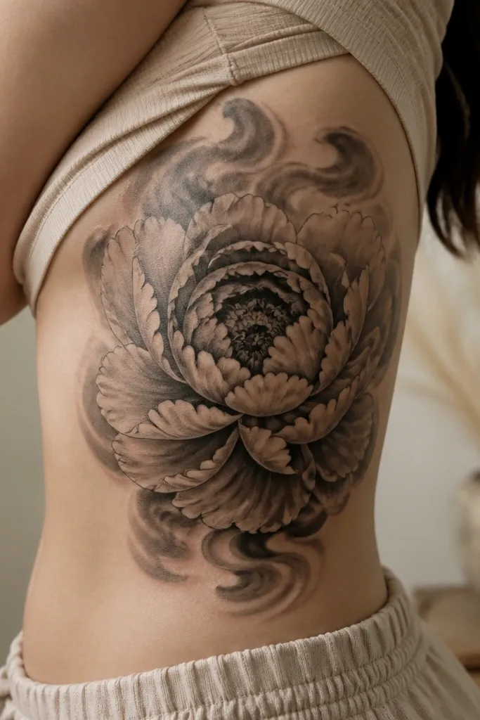 A large peony on the ribcage with layered petals shaded in deep plum, wine red, and soft pink. A smoke halo surrounds the flower like a soft cloud of black-gray, with clean edges where the smoke fades.