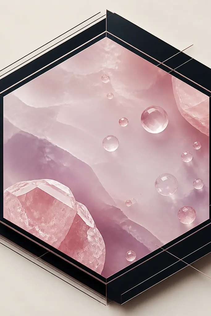 A geometric hexagon frame with sharp, clean lines. Inside the frame is a faint rose-quartz look: soft blush and pale lavender gradients with small crystal drops. The outer frame is dark, with fine line accents and solid fill sections.