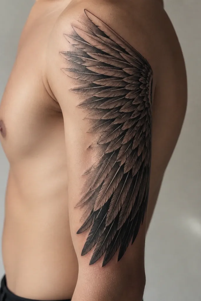 Large wings running down the outer upper arm. Each feather has blackwork texture and smooth gradients, with a few thin highlight lines in cool gray. The wing tips are darker and more packed; the center has a softer fade into negative space.