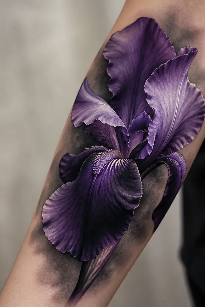 A large iris flower angled along the arm, with multiple petals fanned out. The petals are shaded in deep violet, black-purple, and a few highlights in pale lavender. The background behind the iris is lightly filled with smoky black-gray to blend into the arm.
