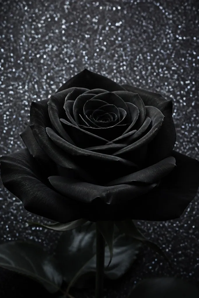 A black rose with realistic shadowing sits center frame. Behind it is a field of controlled dotwork that looks pearlescent - tiny light points in cool gray and soft white tones mixed into the dark background.