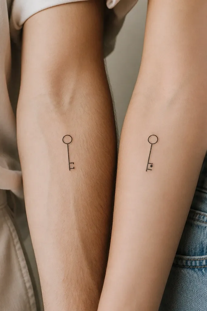 A small minimalist key outline on the forearm with two short teeth marks, paired with a second key that has one tooth replaced by a single dot.