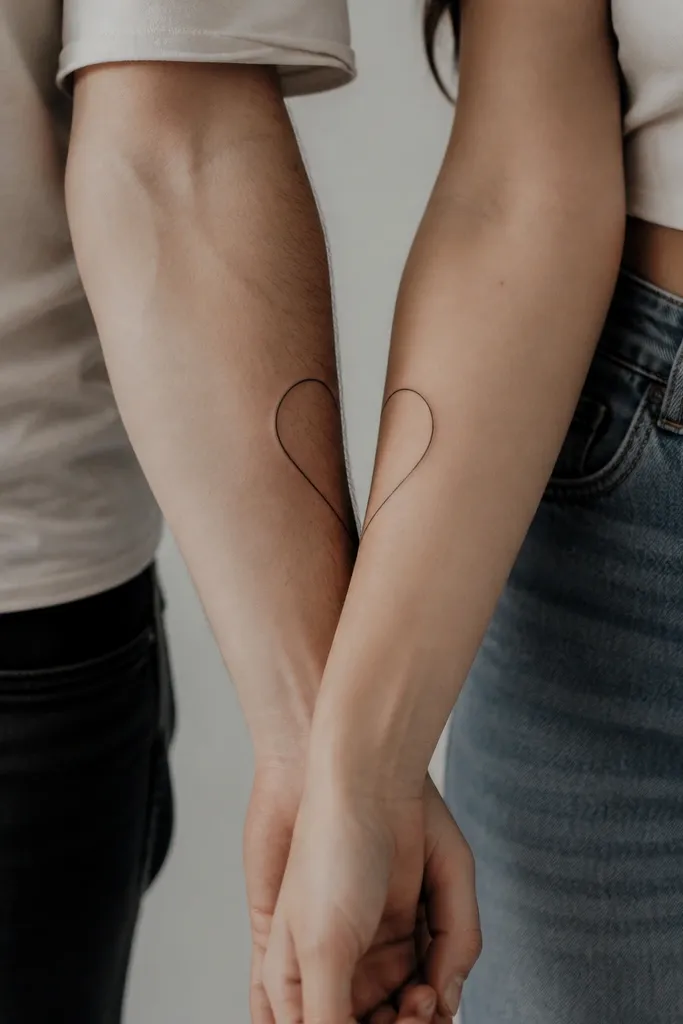 A thin line heart outline split down the middle into two arcs, each arc placed on opposite forearms, with the inner curve forming subtle letter-like angles.