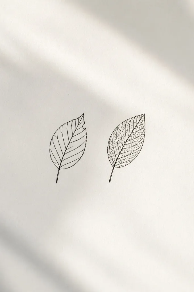 Two tiny single leaves drawn in fine-line black, one leaf slightly tilted with a small notch at the tip, the other leaf with a different vein pattern.