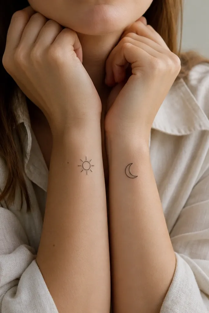 A small minimalist sun circle with 8 short rays on one wrist and a matching moon crescent on the other, both drawn with equal line weight.