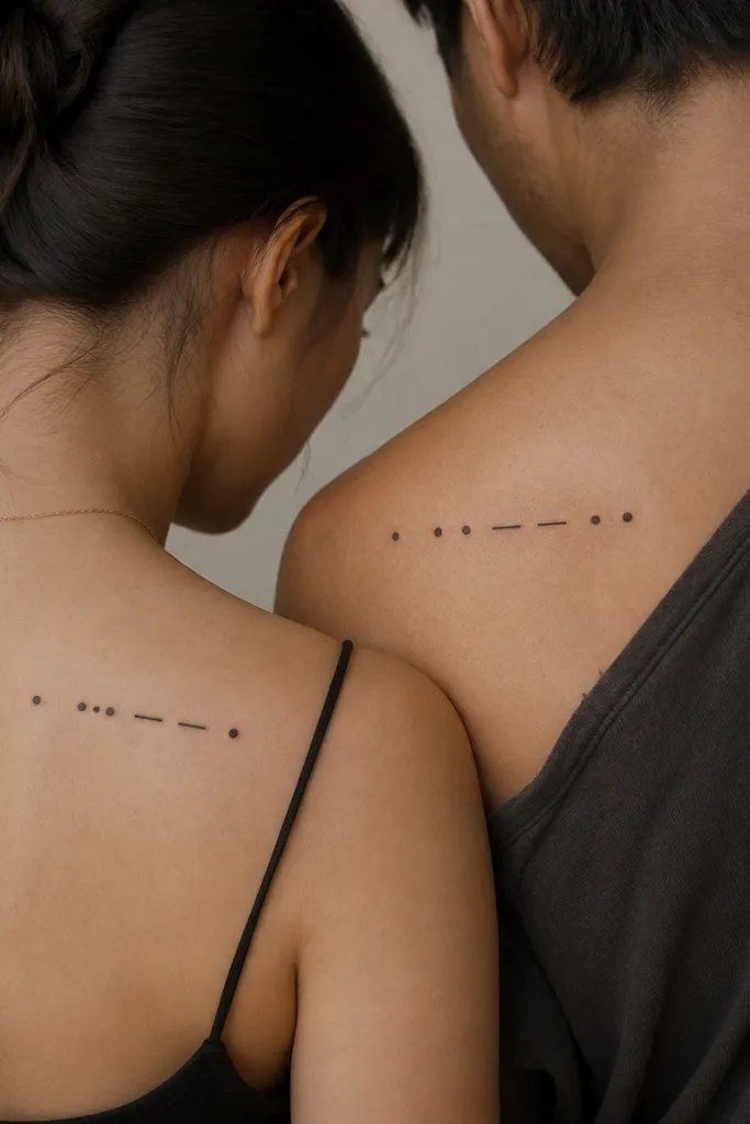 A short row of small dot and dash marks in black ink, arranged like a minimalist code strip, with one extra dot on one person's tattoo.