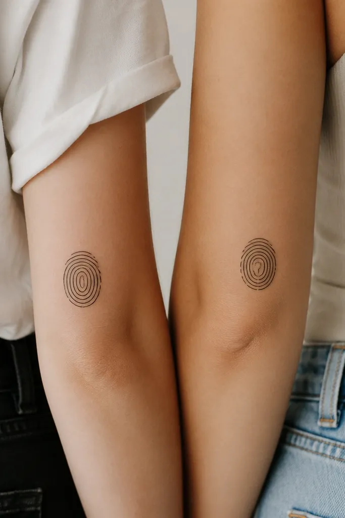 Two small minimalist fingerprint icons drawn as clean loop lines in black, with subtle differences in one side loop on each tattoo.