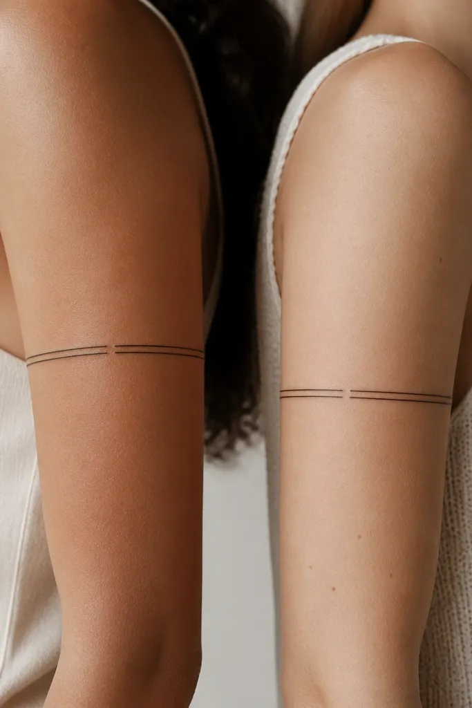 A thin double-line bracelet band drawn across the upper arm, with one small gap on each person's band at a different point.