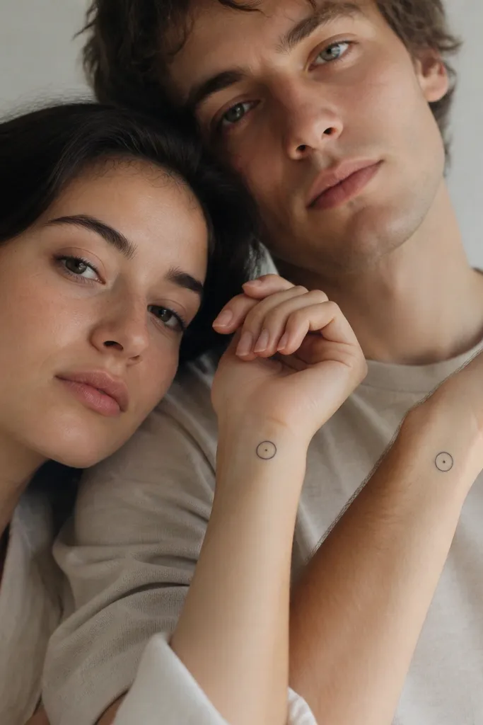 A small ring outline with a single dot at the center on each person's inner wrist, both rings the same size but positioned slightly rotated.