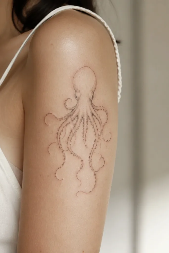 A delicate fine-line octopus tattoo with very light shading. The tentacles are drawn with thin lines that leave lots of skin showing between them. Tiny suckers appear as small dots along the tentacles, and the head has minimal internal detail.