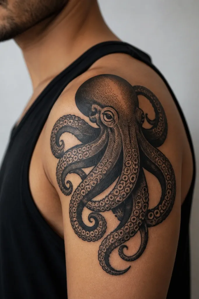 A bold black octopus head on the outer shoulder with thick outline. The tentacles are darker and have dot-shaded suckers that look like tiny circles. The tentacles overlap slightly, creating a fan shape that curves around the deltoid.