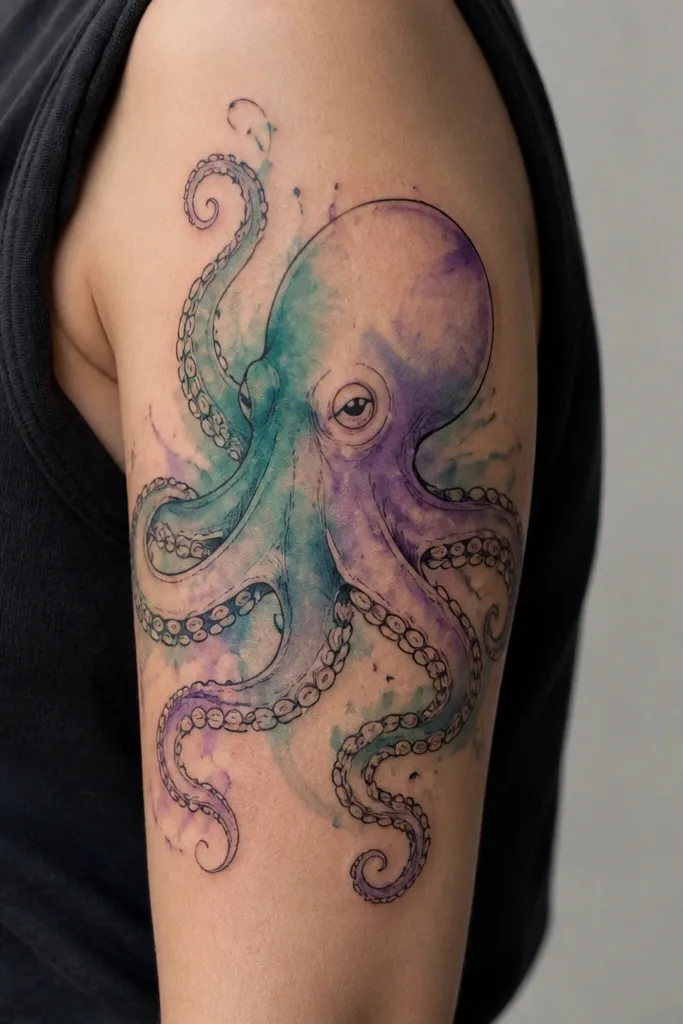 An octopus tattoo with a solid black outline and a watercolor-style wash. Soft teals and muted purples blend around the mantle and partly along the tentacles. The tentacle lines stay crisp, and the suckers are defined with small dark marks.