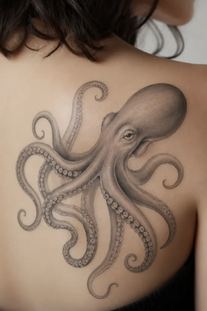 A grayscale octopus tattoo with smooth shading in the mantle. The tentacles are outlined lightly and shaded with gray gradients, with suckers shown as small darker ovals. The overall look is smooth and soft, not scratchy.